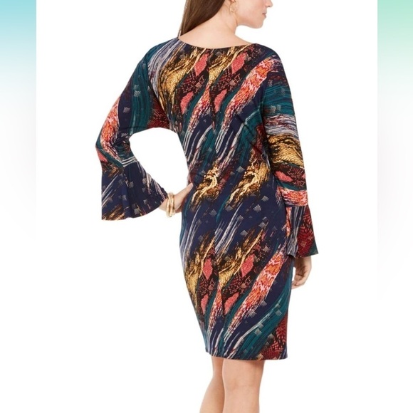 Signature by Robbie Bee Multicolor w Gold Tie Knot Dress Bell Sleeves Si… - Picture 13 of 17
